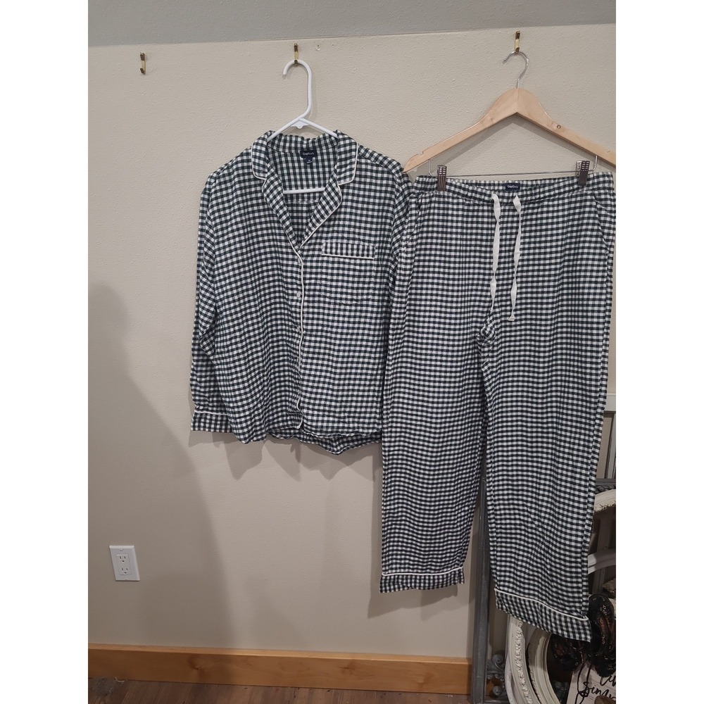 Gap Body Green White Gingham Print Flannel PJ set Women SZ M top bottoms cabin